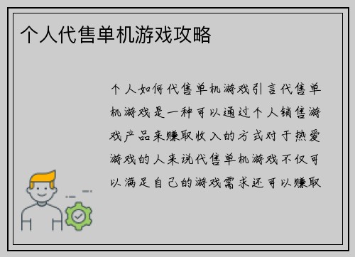 个人代售单机游戏攻略